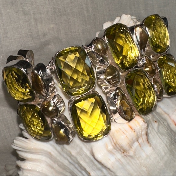 Artisan Jewelry - Sparkly Peridot + Citrine + Biwa Pearl multi-gem cluster statement cuff Bracelet